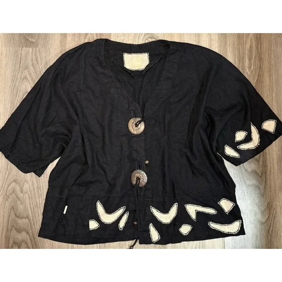 Tara Vao Artsy Linen Blend Shirt Wooden Buttons BOHO Ethnic Gypsy Earthy Size 6 - Picture 1 of 9